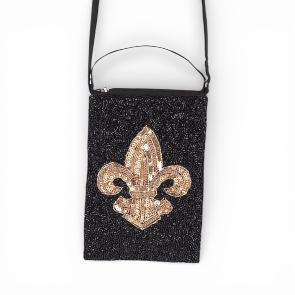 Fleur De Lis Seed Bead & Sequin Black and Gold Beaded Crossbody Bag NWOT